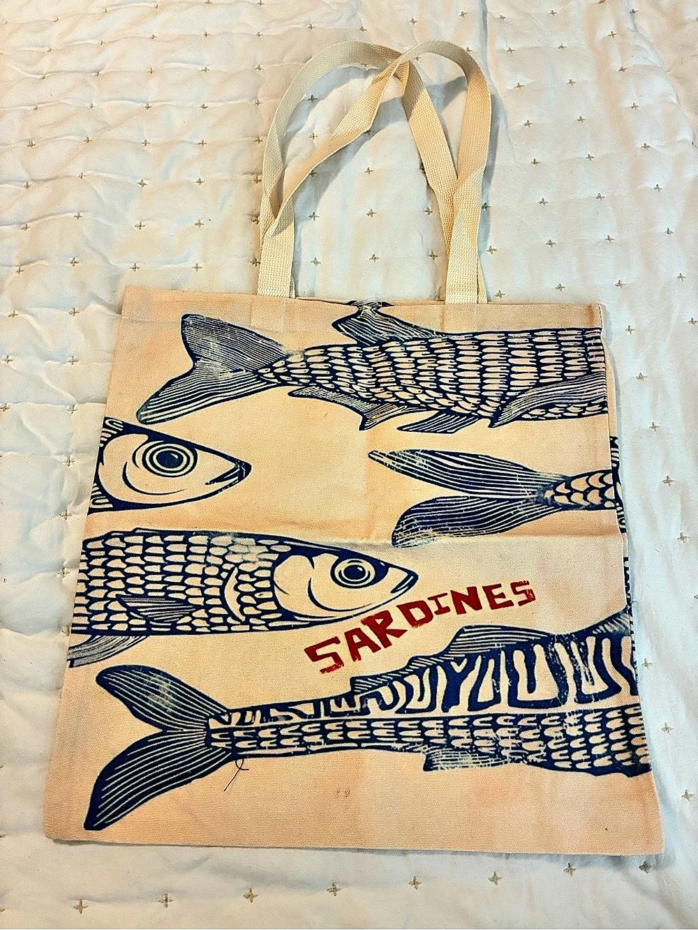 Sardines Fish Print Tote Bag in Tan & Blue
